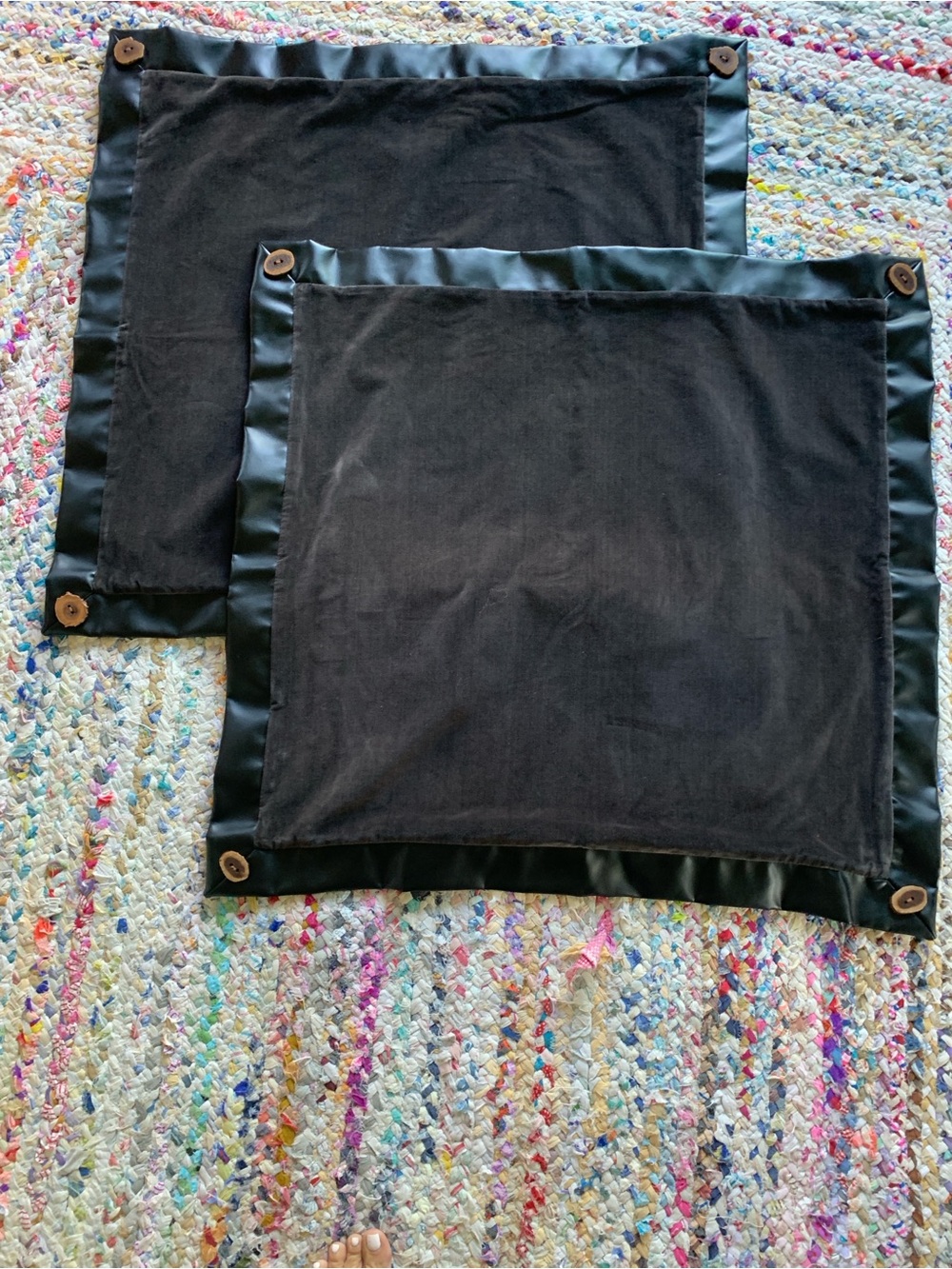 Pair Barclay Butera Charcoal luxury shams Wood Button Corner Accent 31” squarw